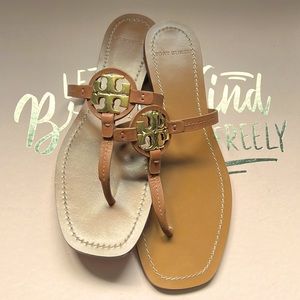 Tory Burch mini Miller brown/tan Leather sandals with gold T’s